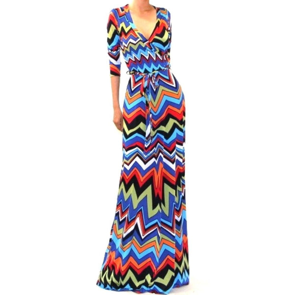 Got Style Multi Color Faux Wrap 3/4 Sleeve Casual Party Maxi Dress