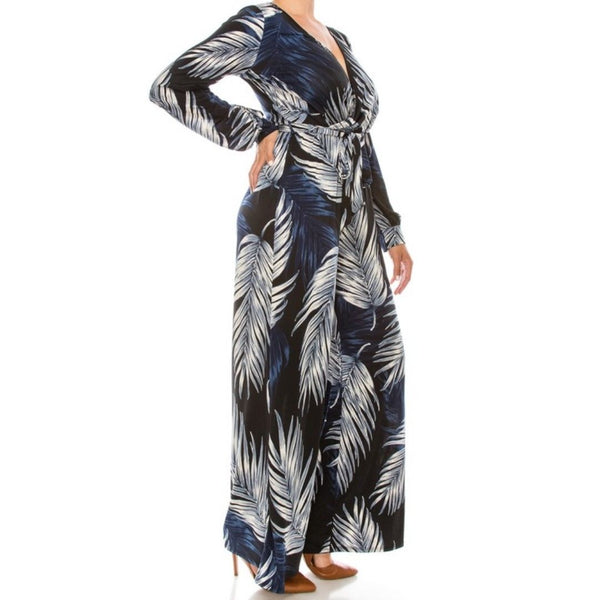 Navy White Palm Leaves Long Bell Sleeve Plussize Jumpsuit