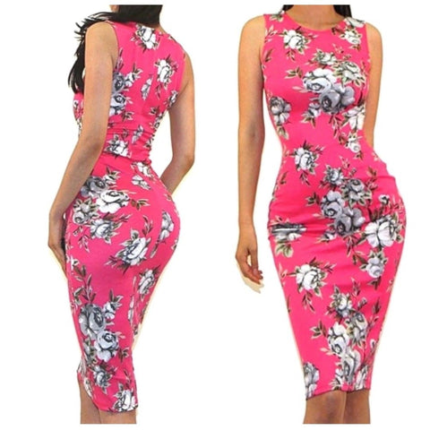 Hot Pink Gray Floral Sexy Sleeveless Bodycon Party Cocktail Dress