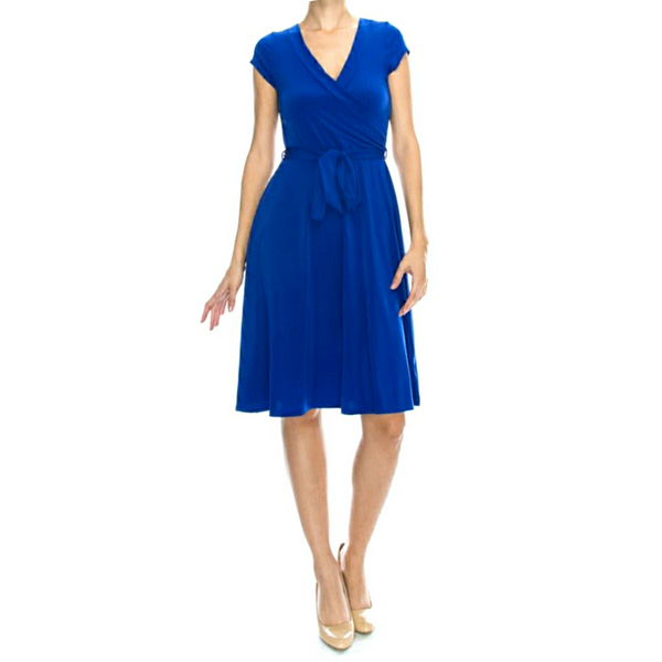 Royal Blue Solid Faux Wrap Knee Length Cap Sleeve Dress