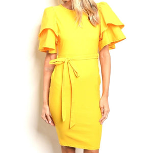 Mustard Flutter Sleeve Bodycon Party Cocktail Evening Midi Dress