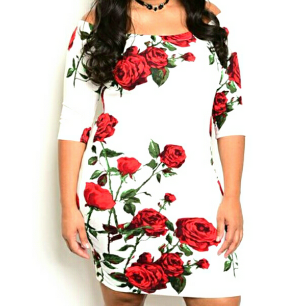 White Red Rose Plussize Off Shoulder Bodycon Midi Party Dress
