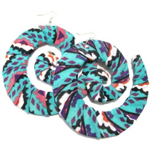 Turquoise Fabric Wrapped Swirl Handmade Multi Statement Dangle Wood Earrings