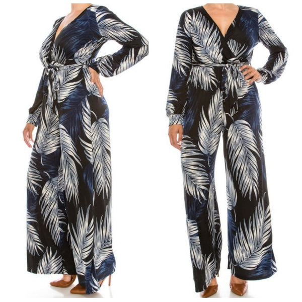 Navy White Palm Leaves Long Bell Sleeve Plussize Jumpsuit