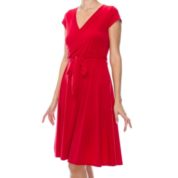 Red Solid Faux Wrap Knee Length Cap Sleeve Dress