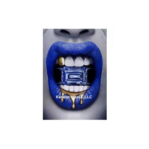 Ready To Press DTF Transfer Blue Lipstick Gold Teeth Crystal
