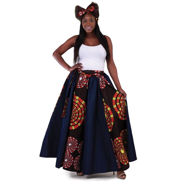 Blue Denim African Multi Circle Print Maxi Skirt with Matching Headwrap
