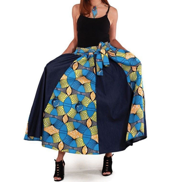 Blue Denim African Multi Turquoise Print Maxi Skirt with Matching Headwrap