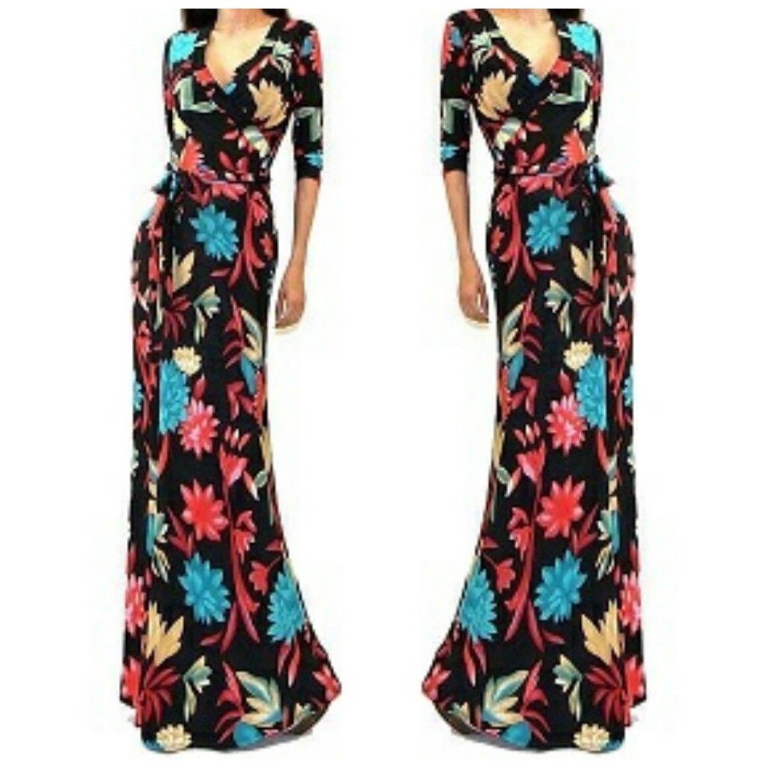 Got Style Floral Multi Color Faux Wrap 3/4 Sleeve Casual Maxi Dress