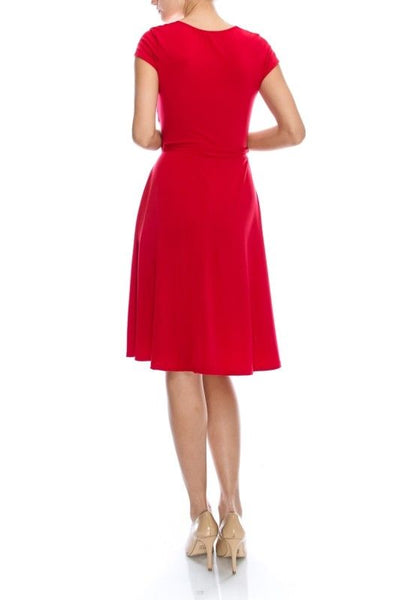 Red Solid Faux Wrap Knee Length Cap Sleeve Dress