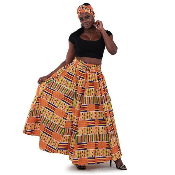 Kente African Multi Color Maxi Skirt with Matching Headwrap