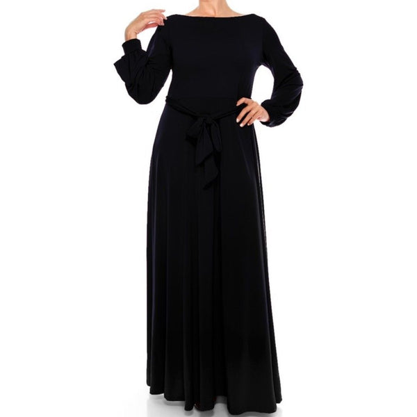 Black Boat Neck Bell Long Sleeve Maxi Plussize Dress