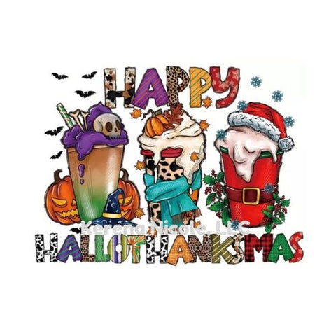 Ready To Press DTF Transfer Happy HalloThanksMas Coffee Cups Decorated
