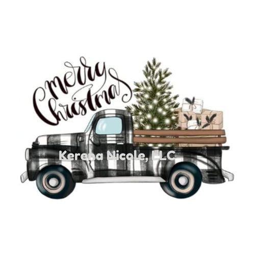Ready To Press DTF Transfer Merry Christmas Tree Black White Plaid Pick Up Truck