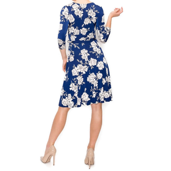 Navy Blue White Floral Faux Wrap Knee Length Dress
