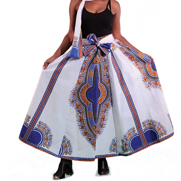 White Blue Traditional Print African Maxi Skirt with Matching Headwrap