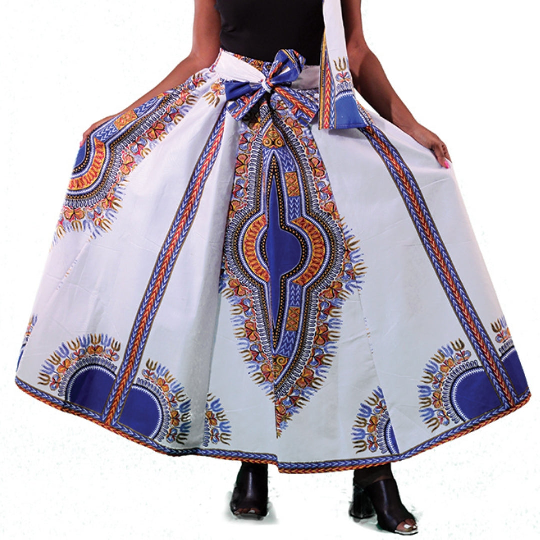 White Blue Traditional Print African Maxi Skirt with Matching Headwrap
