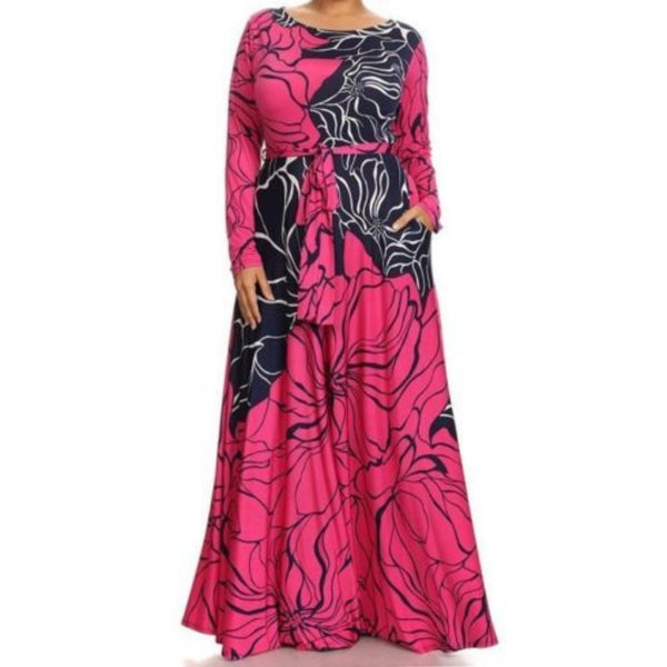 Fuchsia Navy Flare Flowing Silhouette Abstract Print Casual Plussize Maxi Dress