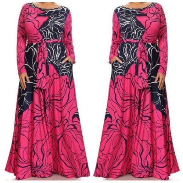 Fuchsia Navy Flare Flowing Silhouette Abstract Print Casual Plussize Maxi Dress