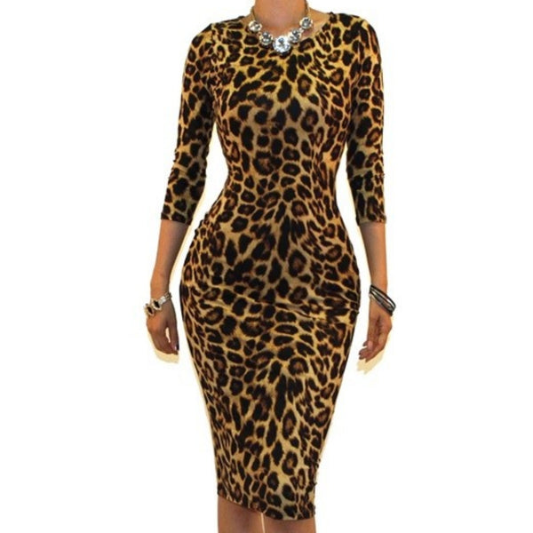 Leopard Print Sexy 3/4 Sleeve Bodycon Party Cocktail Dress