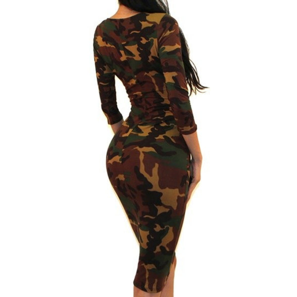 Camouflage Print Sexy 3/4 Sleeve Bodycon Party Cocktail Dress