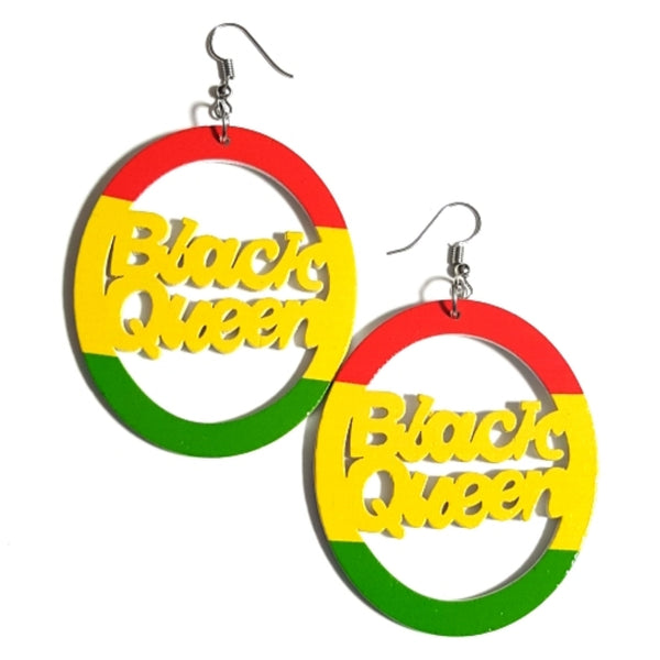 BLACK QUEEN RASTA RYG Statement Dangle Wood Earrings
