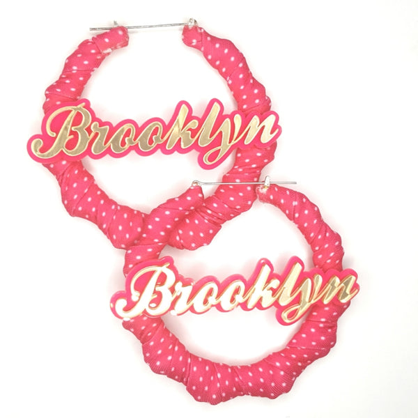 OOAK Pink White Polka Dot Fabric Wrapped Brooklyn Bamboo Handmade Hoop Earrings