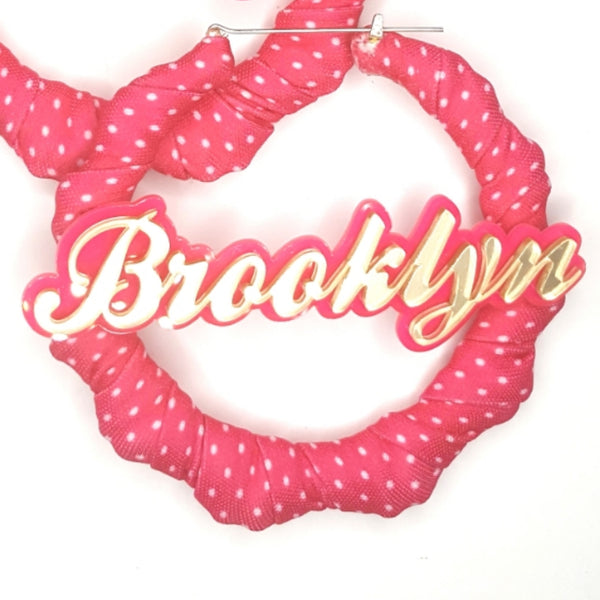 OOAK Pink White Polka Dot Fabric Wrapped Brooklyn Bamboo Handmade Hoop Earrings