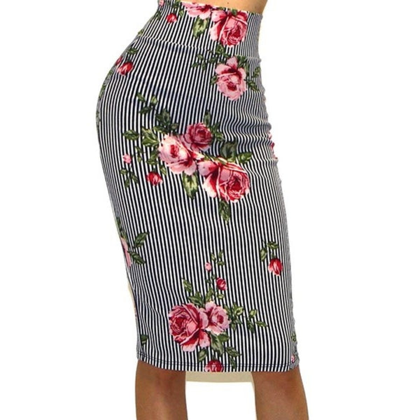 Got Style Navy White Stripe Pink Floral Bodycon Casual Sexy Pencil Skirt