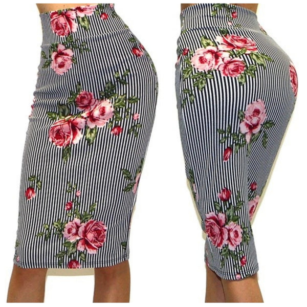 Got Style Navy White Stripe Pink Floral Bodycon Casual Sexy Pencil Skirt