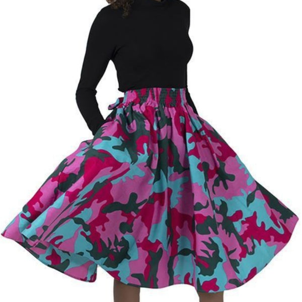 Pink Camouflage Flare African Skirt with Matching Headwrap