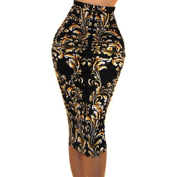 Got Style Gold Black Ruched Frill High Waist Mid Calf Bodycon Casual Pencil Skirt