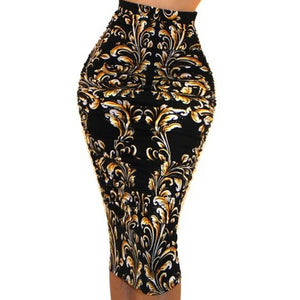 Got Style Gold Black Ruched Frill High Waist Mid Calf Bodycon Casual Pencil Skirt