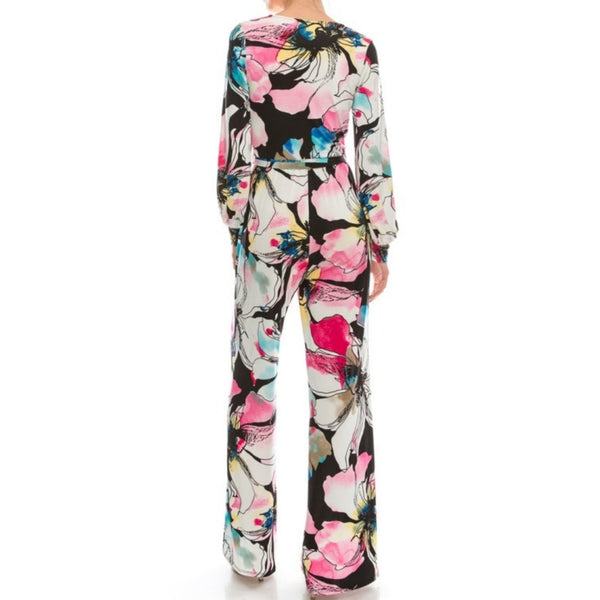 Pink Watercolor Floral Long Bell Sleeve Jumpsuit