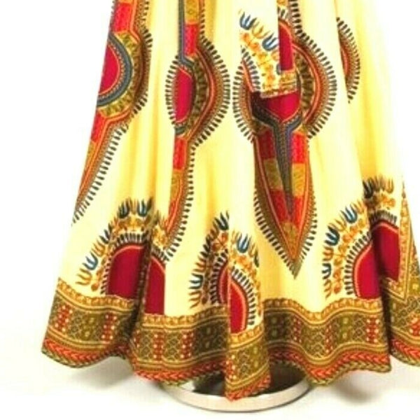 Natural Red Traditional Print African Maxi Skirt with Matching Headwrap