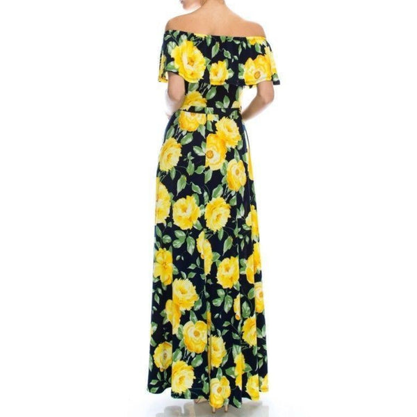 Navy Blue Yellow Floral Off Shoulder Long Maxi Dress