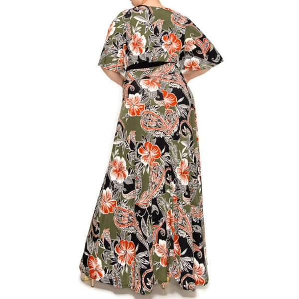 Olive Rust Hibiscus Floral Faux Wrap Plussize Maxi Dress