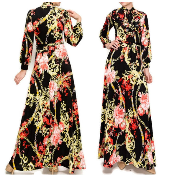 Red Floral Chain Ruffle Bow Tie Bell Long Sleeve Maxi Dress