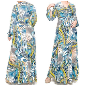 Blue Sea Breeze Faux Wrap Long Sleeve Maxi Plussize Dress