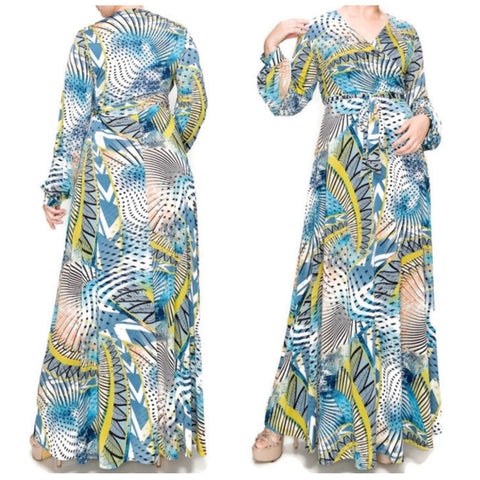 Blue Sea Breeze Faux Wrap Long Sleeve Maxi Plussize Dress