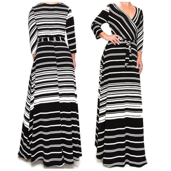 Black White Stripe Faux Wrap Maxi Plussize Dress