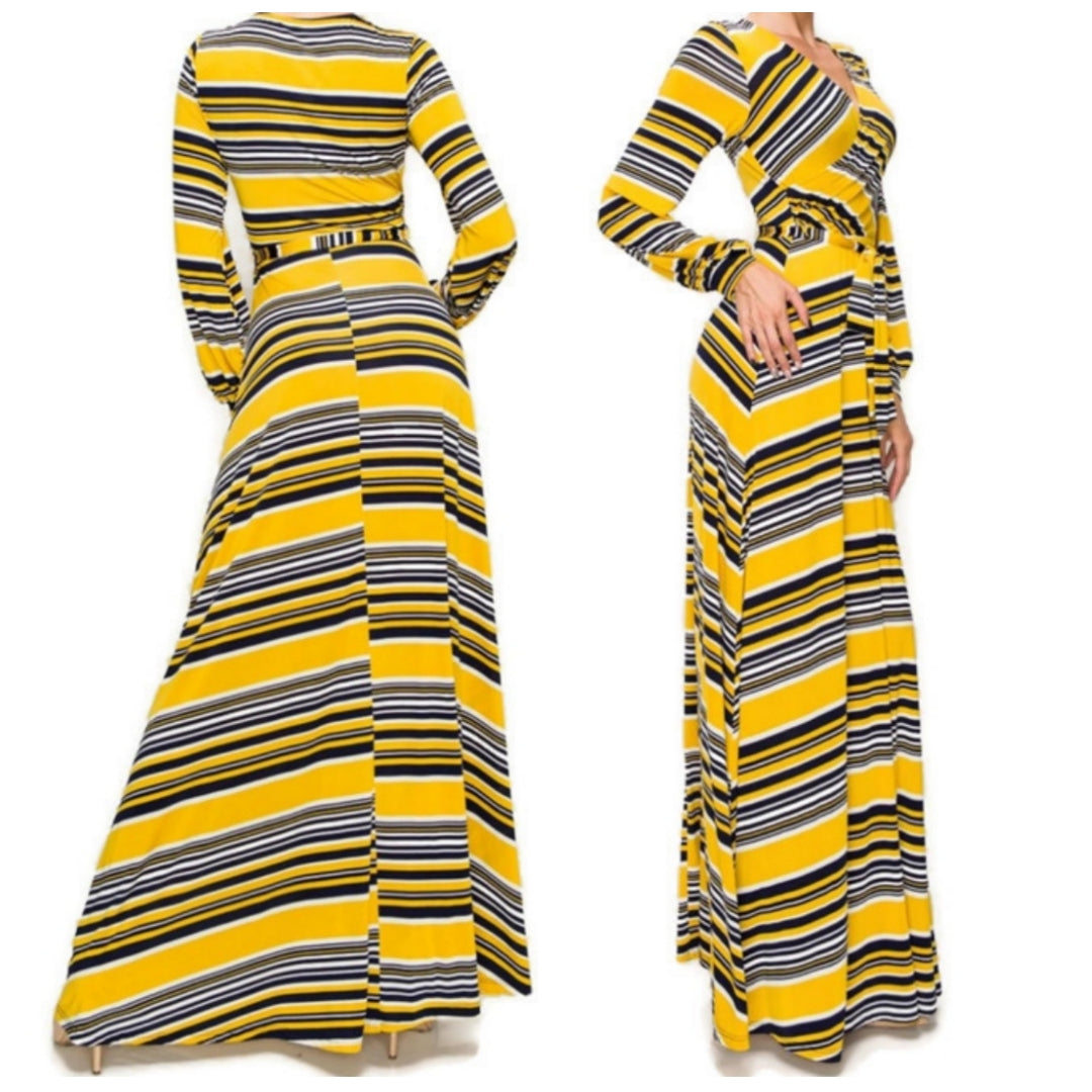Yellow White Navy Stripe Faux Wrap Long Sleeve Maxi Dress