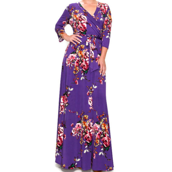 Purple Floral Faux Wrap 3/4 Sleeve Plussize Maxi Dress