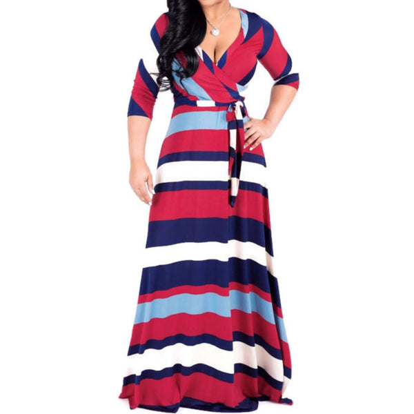 Red Navy White Bold Stripe Faux Wrap 3/4 Sleeve Long Maxi Dress