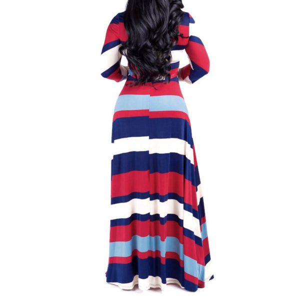 Red Navy White Bold Stripe Faux Wrap 3/4 Sleeve Long Maxi Dress
