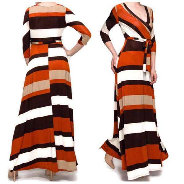 Rust Brown Bold Stripe Faux Wrap 3/4 Sleeve Maxi Dress