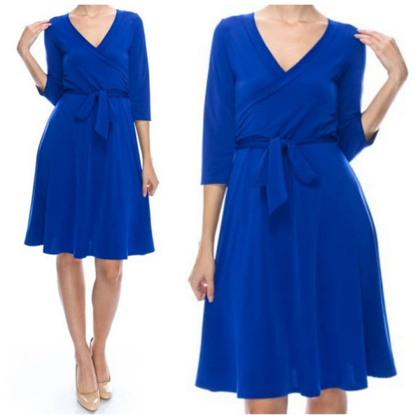 Royal Blue Solid Faux Wrap Knee Length 3/4 Sleeve Dress