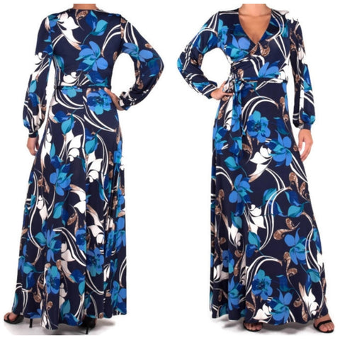 Blue Brown Cascading Floral Cuff Long Sleeve Faux Wrap Maxi Dress