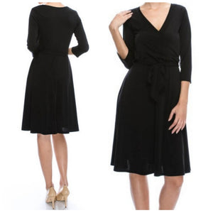 Black Faux Wrap Knee Length 3/4 Sleeve Fit Flare Dress