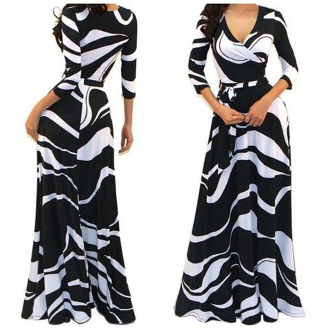 Got Style Black White Waves Faux Wrap Evening Casual Party Maxi Dress